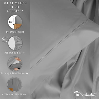 URBANHUT 800 Thread Count 100% Cotton Twin Size Sheets, Luxury 4 Piece Twin Bedsheets, Hotel Sheets Sateen Finish - Better Than Egyptian, 14" Elasticized Deep Pocket - Dark Grey