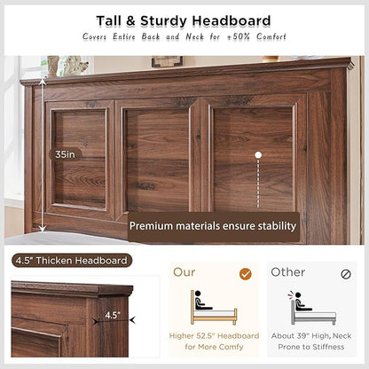 ACCOHOHO Farmhouse Queen Size Bed Frame with 52" Tall Headboard, Wood Platform Bedframe with Footboard and Storage Drawers, No Squeak, No Box Spring Needed, Brown