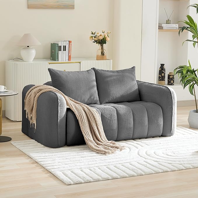 66'' Boneless Corduroy Loveseat Sofa, 2 Seater Tufted Deep Seat Couch with Rounded Armrest, Upholstered Cloud Couch for Living Room, Bedroom, No Assembly, Grey