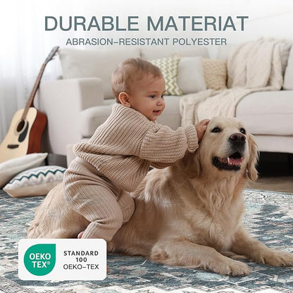 Washable Runner Hallway Rug,Low Pile 2x6 Non Slip Non-Shedding Kitchen Carpet Soft Indoor Stain Resistant Rug for Bedroom Laundry Room Bathroom Blue Beige Multi