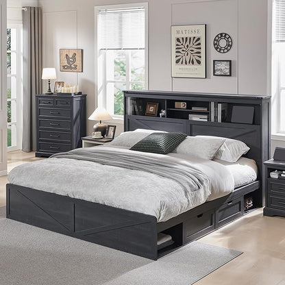 ACCOHOHO Farmhouse King Size Bed Frame with 52" High Storage Bookcase Headboard and 4 Drawers,Wooden Bed Frame with LED Light and Charging Station,Black