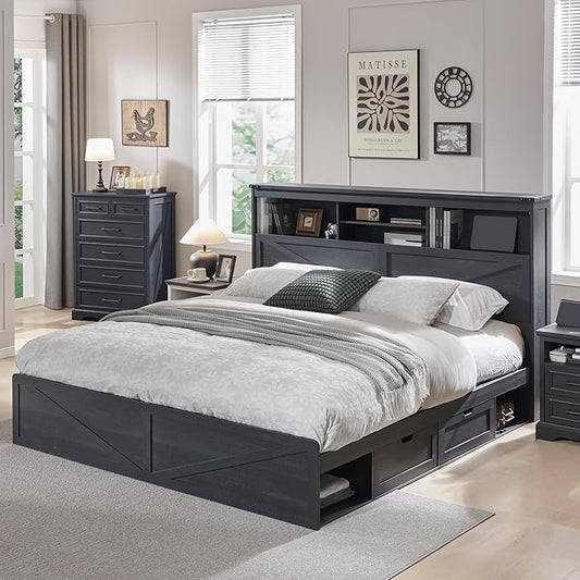 ACCOHOHO Farmhouse King Size Bed Frame with 52" High Storage Bookcase Headboard and 4 Drawers,Wooden Bed Frame with LED Light and Charging Station,Black