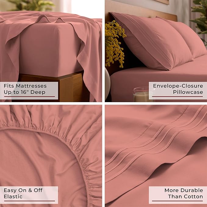 Mellanni Full Sheet Set - 6-Piece Iconic Collection Bedding, (Including 4 Pillowcases), 16-Inch Deep Pocket, Easy Care, Extra Soft, Cooling Sheets, Brushed Microfiber - Coral