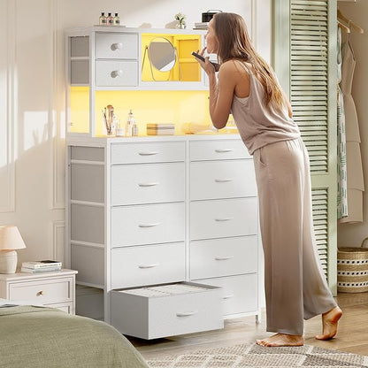EnHomee 62.8" H Dresser for Bedroom with 14 Fabric Drawers,White Dresser with Charging Station and LED Lights,Dressers & Chests of Drawers for Bedroom, Steel Frame & Wooden Top, Entryway