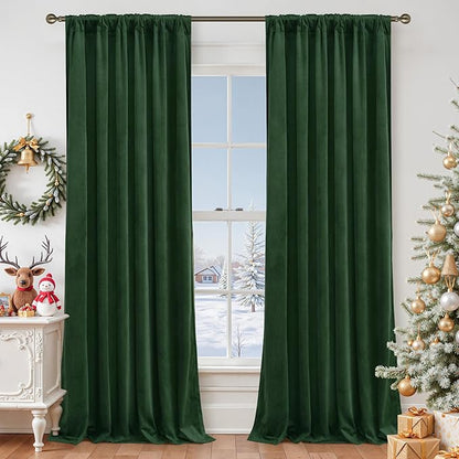 LAMIT Emerald Green Velvet Curtains 96 Inch for Living Room, Thermal Insulated Room Darkening Drapes Noise Reducing Back Tab and Rod Pocket Christmas Panels for Bedroom, Set of 2 Panels, 52 x 96 Inch
