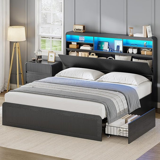 AOGLLATI Queen Bed Frame with 4 Storage Drawers and Hidden Storage Headboard, Black Led Fluted Bed Frame Queen Size with Charging Station and Curved Profile Design,No Box Spring Needed, Black