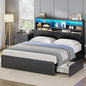 AOGLLATI Queen Bed Frame with 4 Storage Drawers and Hidden Storage Headboard, Black Led Fluted Bed Frame Queen Size with Charging Station and Curved Profile Design,No Box Spring Needed, Black