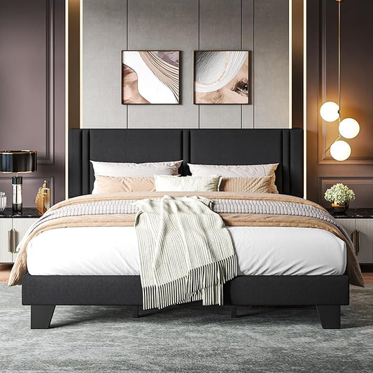 Upholstered King Size Bed Frame with Linen Fabric Headboard, Strong Wooden Slats Support, Noise Free, No Box Spring Needed, Black