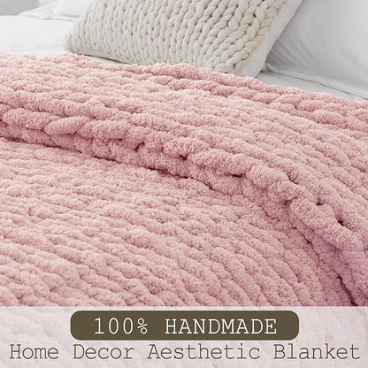 Chunky Knit Throw Blanket 60"X 80", 100% Handmade with Soft Chenille Yarn, 4.4lbs Thick Cable Knitted Blankets, Large Rope Knot Crochet Throws for Couch Sofa Bed Home Decor, Dusty Pink