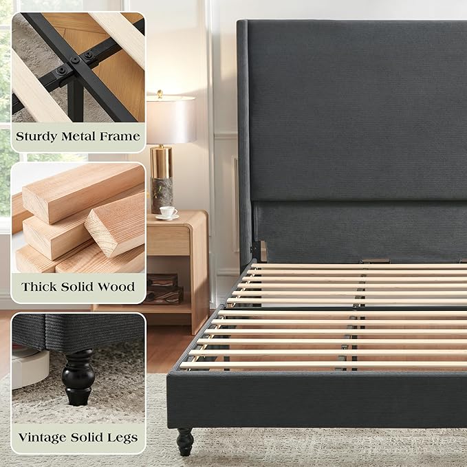 King Bed Frame with 65" Tall Headboard, Horizontal Fine Corduroy Bed Frame with Wingback, Upholstered Platform Bed, Vintage Solid Wood Gourd Legs, No Box Spring Needed, Black