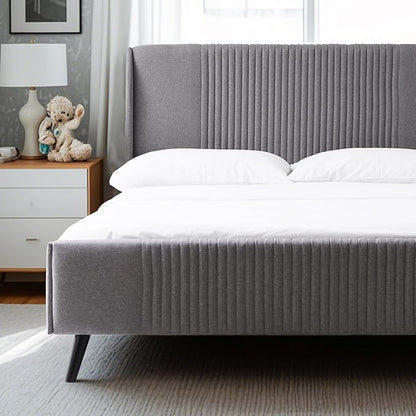 Livinia Sunset Queen Size Wingback Platform Bed, Fabric Upholstered Queen Bed Frame with Vertical Channel Tufted Headboard Footboard, Strong Wood Slats, No Box Spring Needed, Gray (Queen)