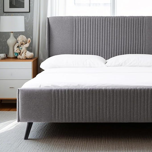 Livinia Sunset Queen Size Wingback Platform Bed, Fabric Upholstered Queen Bed Frame with Vertical Channel Tufted Headboard Footboard, Strong Wood Slats, No Box Spring Needed, Gray (Queen)