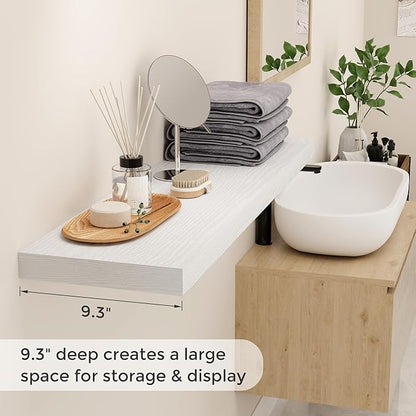 40 Inch Floating Shelves for Wall, 9.3 Inch Deep Shelves for Books & Decor, Wall-Mounted Floating Shelf 40 Inch Long Set of 2, Rustic Wooden Shelf for Living Room, Bedroom, Kitchen, White