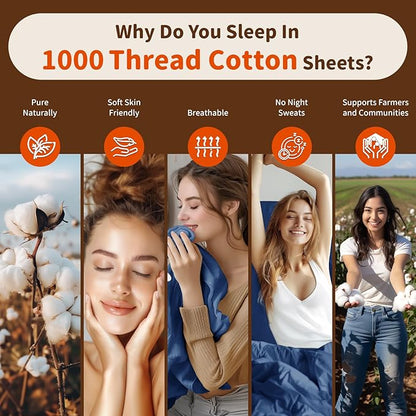 LBRO2M 1000 Thread Count 100% Egyptian Cotton Sheets Set Twin XL, 3 Piece Sets Bed Sheet Deep Pocket Sheet Set 16" Soft Comfortable All Season (Twin XL, Navy Blue)