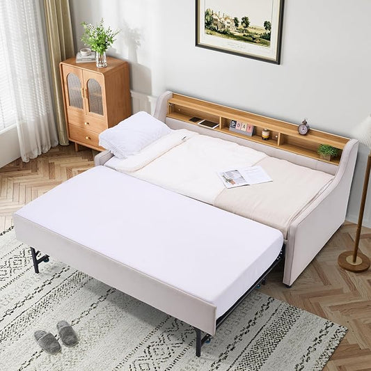Twin Size Daybed with Pop Up Trundle Bed, Linen Fabric Upholstered Day Bed Frame with w/LED/USB/Type C/Storage Headboard, Twin to King Daybed for Living Room Bedroom, No Box Spring Needed, Beige