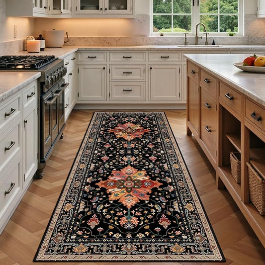 Area Rugs 3'x6' Washable Non-Slip, Floral Vintage Distress Print Pattern Medallion Carpet for Living Room Bedroom Dining Room, Black Colorful Floral Dark Tan