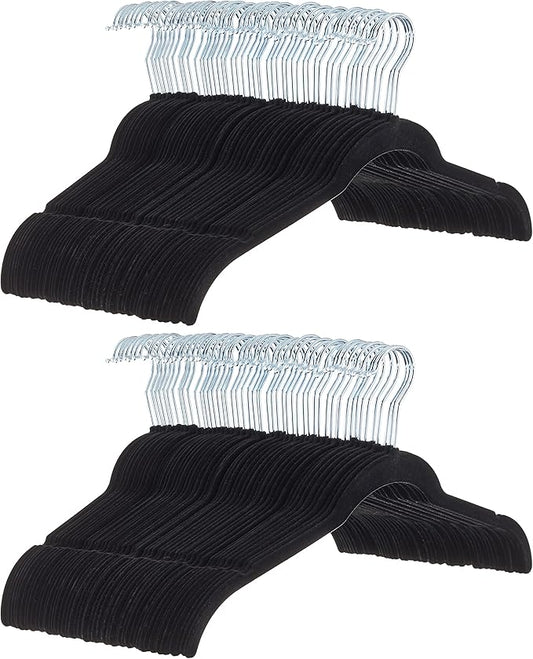 Amazon Basics Slim, Velvet, Non-Slip Shirt Clothes Hangers, Pack of 100, Black