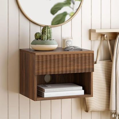 Floating Nightstand Set of 2 with Drawer, Fluted Modern Night Stand with Fluted Door and Open Storage Shelf Wall Mounted Bedside Table for Bedroom, Entryway Brown