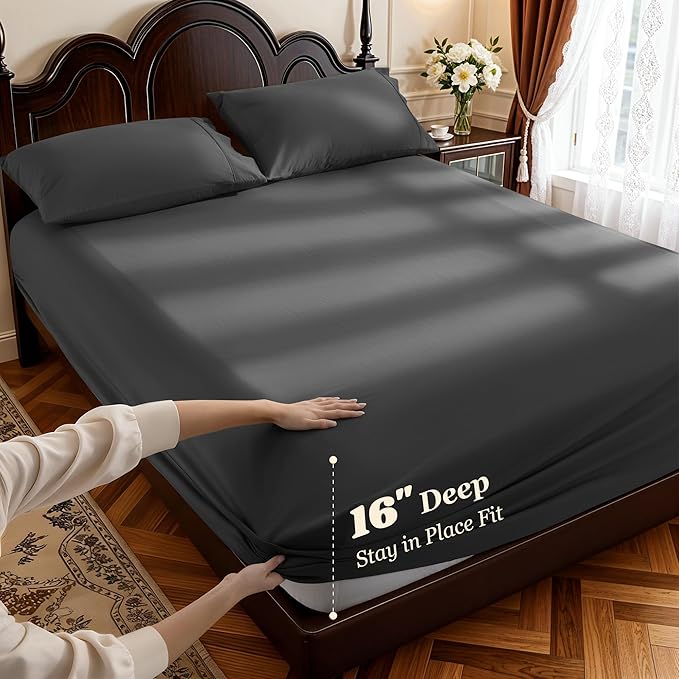 LBRO2M 1000 Thread Count 100% Egyptian Cotton Sheets Set,Full Size Bed Sheet 4 Piece Sets,Long Staple,16 Inches Deep Pocket,All Season,Bedding Super Soft Breathable,Sateen Weave (Black)
