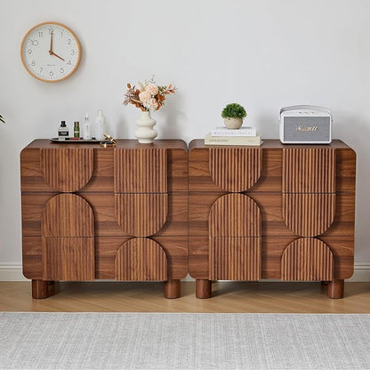 3 Drawer Dressers for Bedroom, 31.5" Wide Large Mid Century Modern Fluted Nightstand 2 Sets, Wood Dresser & Chest of Drawers with Curved Profile for Living Room, Entryway, Hallway Walnut