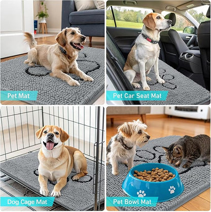 OLANLY Dog Door Mat for Muddy Paws 59x35, Paw Print Design, Absorbs Moisture and Dirt, Absorbent Non-Slip Washable Doormat, Quick Dry Chenille Mud Mat for Dogs, Entry Indoor Entryway Carpet, Grey