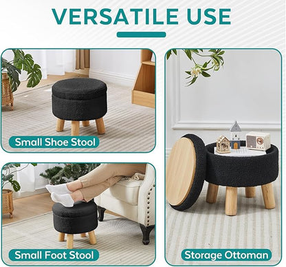 FIMIVIBI Small Foot Stool Ottoman with Storage, Sherpa Ottoman Foot Rest for Couch, Round Footstool with Storage, Small Ottomans and Footstools for Living Room and Entryway (Black)