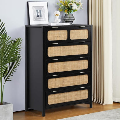 LEVNARY 5 Drawer Chest Dresser, Rattan Tall Dresser 5 Chest of Drawers Dressers for Bedroom, Wooden Storage Cane Cabinet with Metal Handles for Living Room Hallway (Black)