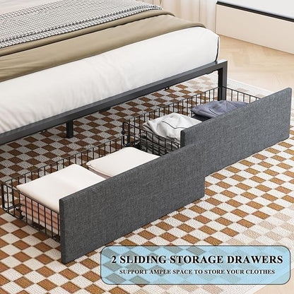 King Size Bed Frame with Bookcase Storage Drawers, LED Lights, Upholstered Platform Bed Frame with Headboard, Charging Station, Metal Slats Support, Noise Free, No Box Spring Needed, Grey