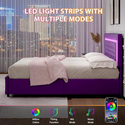 BarnFurin Queen Size Bed Frame with Headboard, Faux Leather Upholstered Bed with Diamond Tufted Design, Mordern Bed Frame with Wooden Slats Suppor, No Box Spring Required, Easy Assembly, Purple