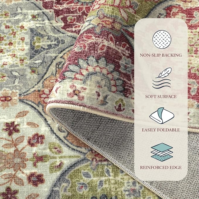 Lahome Moroccan Trellis Washable Round Rugs, Non-Slip Soft Round Rug 4ft Ultra-Thin, Small Vintage Circle Carpet for Entryway Kitchen Bedroom Nursery Bathroom, Orange/Terracotta