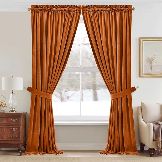 StangH Orange Velvet Curtains 108 inches Long, Extra Long Luxury Home Decor Room Darkening Energy Saving Window Treatment Holiday Backdrops for Party, W52 x L108, 2 Panels