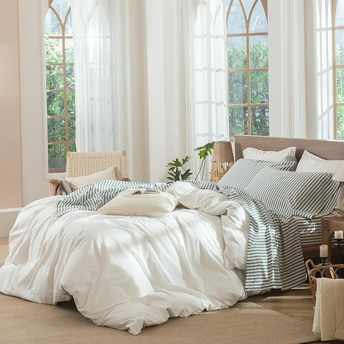 MooMee Striped Fitted Bottom Sheet Only 100% Washed Cotton Linen Like Textured Breathable Durable Soft Comfy Deep Pocket Fits Mattress up to 17" (Heathered Green Classic Stripes, King)