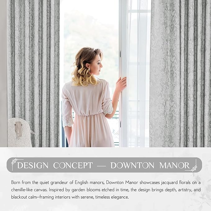 Beauoop Grey Floral Jacquard Blackout Curtains 120 Inches Long 2 Panels for Bedroom Living Room Gray Flower Chenille Room Darkening Thermal Soundproof Grommet Window Treatments Drapes, 52x120