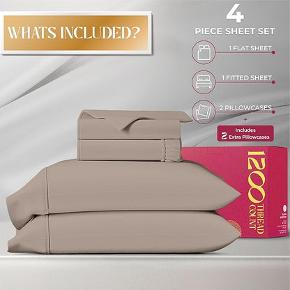 Mayfair Linen 100% Egyptian Cotton Sheets Queen Size - 1200 Thread Count 4 PC Queen Sheet Set Egyptian Cotton, Sateen Luxury Sheet, High Thread Count Sheets, 17" Deep Pocket - Taupe