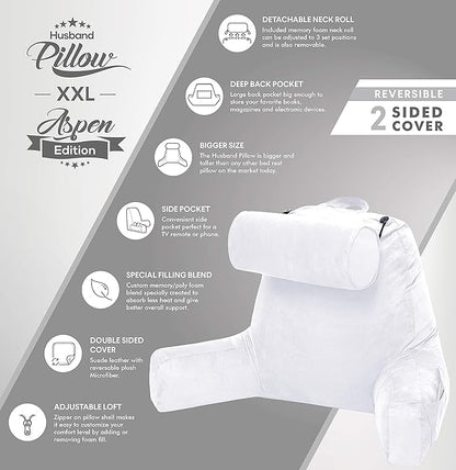 Husband Pillow XXL Aspen Edition - Adult Reading Bed Rest Pillow with Arms & Detach Neck Roll on Bungee Cord - Premium Memory Foam, Reversible 2 Sided Covers Micro Suede or Plush, White Dandelion