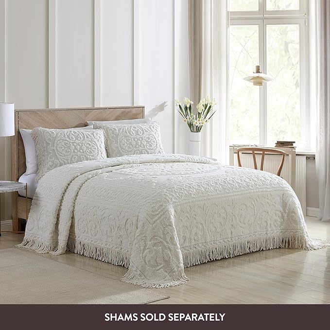 Beatrice Home Fashions Medallion Chenille Bedspread, Queen, Ivory
