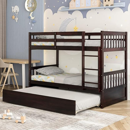 Giantex Twin Over Twin Bunk Bed with Trundle, Convertible Platform Bed Frame with Ladder & Solid Wood Frame, Space-Saving Bunk Bed for Teens & Adults, No Box Spring Needed, Espresso