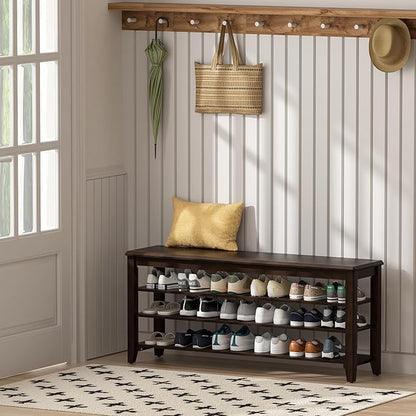 Shoe Rack Bench with Rubberwood Flat Top and 3 Adjustable Shelves – Wooden Shoe Rack for Entryway, Hallway, Mudroom, Front Door, or Small Spaces