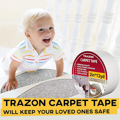 Carpet Tape Double Sided - Rug Tape Grippers for Hardwood Floors and Area Rugs - Carpet Binding Tape Strong Adhesive and Removable, Heavy Duty Stickers Grip Tape, Residue Free (2 Inch / 12 Yards)