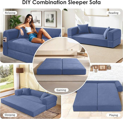 80" Convertible Sofa Bed, Corduroy Deep Seat Folding Pull Out Couch with Pillows, No Assembly Modern Boneless Couch Compression Sofa in Box, Floor Sofa with Storage Pocket,Dark Smog Blue