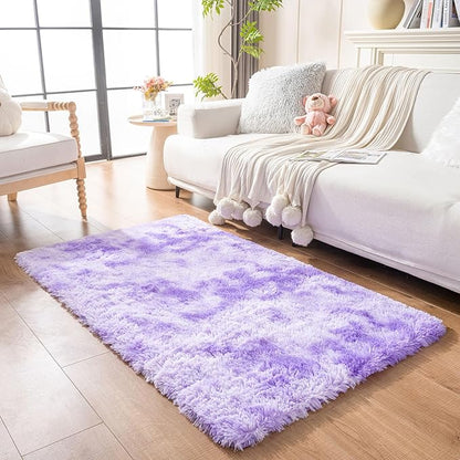 duduta Purple Plush Rugs for Bedroom 4x6 ft, Tie Dye Fluffy Carpet for Living Room, Shag Rug for Kids Room Dorm Nursery Playroom