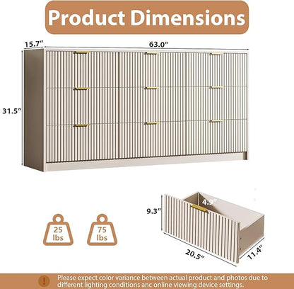 3-Piece Dresser Bedroom Set, 9 Drawer Dresser & 2 Drawer Nightstands with Gold Handles, Fluted Wood Chest of Drawers for Bedroom, Living Room, Entryway, Beige