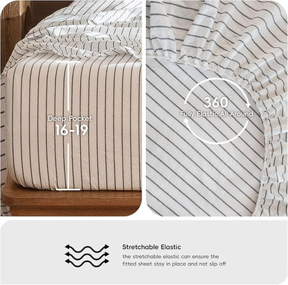 MooMee Fitted Bottom Sheet Only 100% Washed Cotton Linen Like Textured Breathable Durable Soft Comfy Deep Pocket Fits Mattress up to 17" (White Dark Grey Wide Stripes, Queen)