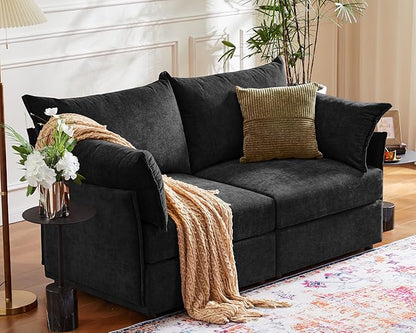 ABCASA Oversized Loveseat Sofa, Modern Modular Sectional Couch Black Fluffy Chenille Mid Century 2-Seat 24.5" Deep Seat for Apartment, Living Room, Bedroom