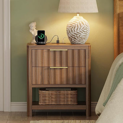 Huuger 27.6 Inch Tall Night Stand with Charger Station, USB-C Port, Fluted Nightstand with 2 Deep Drawers, Larger Wider Bed Side Table with Open Shelf, Bedroom Living Room End Table, Walnut