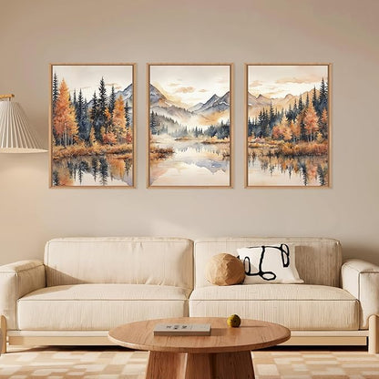 LHIUEM Large Neutral Mountain Framed Canvas Wall Art,Nature Foggy Forest Wall Decor,Watercolor Autumn Landscape Wall Painting,Woodland Artwork for Living Room,Bedroom,Dining Room,Office -16"x24"x3