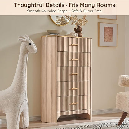 Fluted 5 Drawer Tall Dresser with Curved Profile,47.8" Tall Drawers with Reeded Texture,Gold Handles Storage Organizer Cabinet for Bedroom,Living Room,Entryway,Light Oak