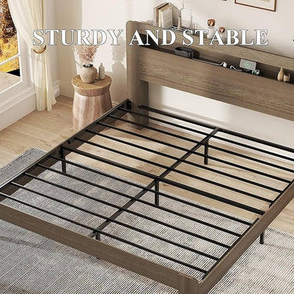 Wooden Bed Frame King Size with Storage Headboard - Farmhouse Platform Bed Frame with Bookcase Shelf & Led Lights, Sturdy Wood Slat Framework Bed Frame (Light Brown LED)