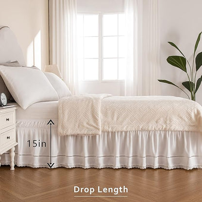 MIYE Wrap Around Ruffled Lace Bed Skirt, Elastic Dust Ruffle with Adjustable Belts,15 Inch Drop Easy to Put On, Bed Frame Cover, Machine Washable (Floral Lace, King/Queen-15)