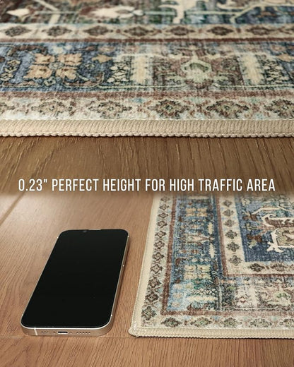 GENIMO 6X9 Area Rugs for Living Room, Machine Washable Vintage Floor Cover Foldable Modern Non Slip Rug, Low Pile Soft Indoor Carpet Floral Print Mat Rug,Bedroom/Dining Room/Home Office,Sage Green